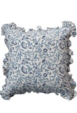 Blue & Light Beige Floral Pillow with Ruffled Edges