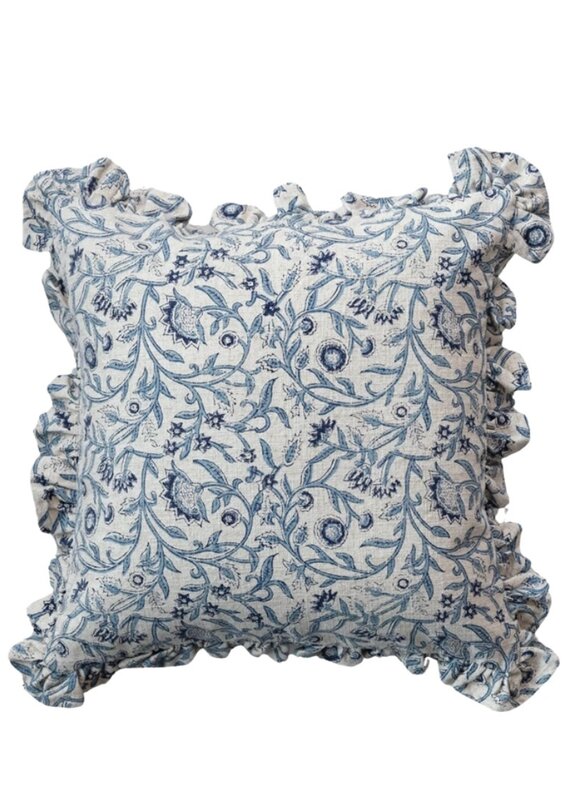 Blue & Light Beige Floral Pillow with Ruffled Edges