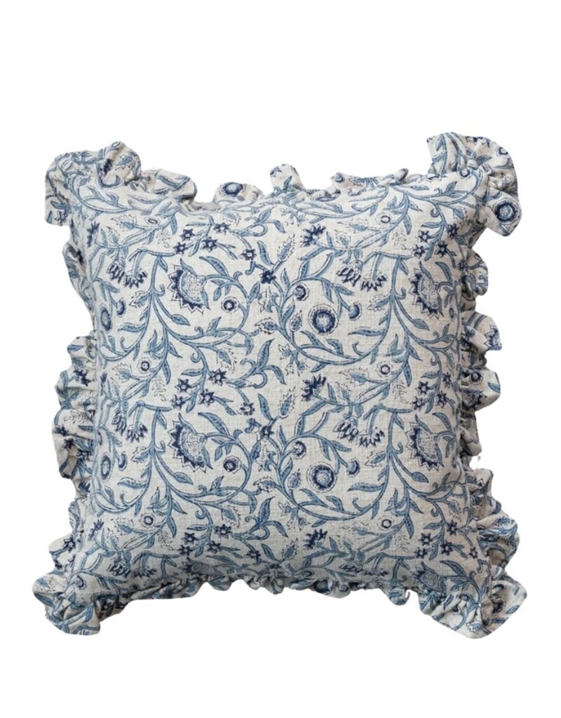 Blue & Light Beige Floral Pillow with Ruffled Edges