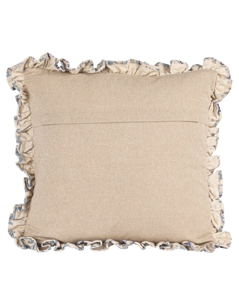 Blue & Light Beige Floral Pillow with Ruffled Edges