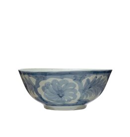 Blue & White Painted Ceramic Floral Bowl