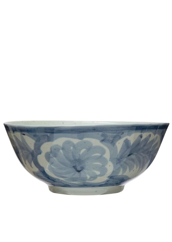 Blue & White Painted Ceramic Floral Bowl