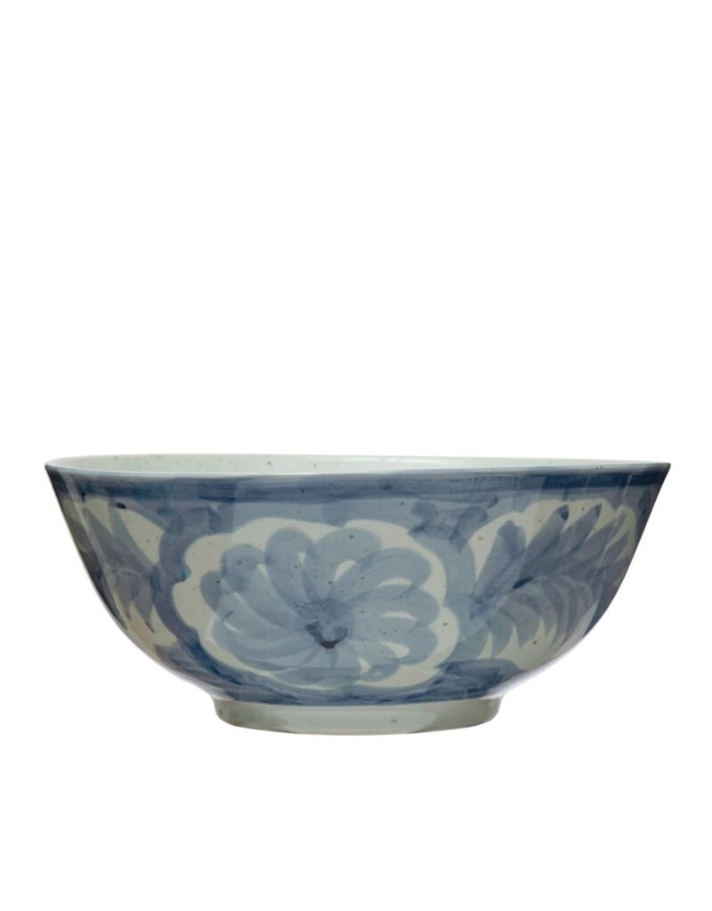 Blue & White Painted Ceramic Floral Bowl