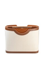 Brown Leather & Ivory Linen Magazine Rack with Wooden Dowel Handle