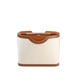 Brown Leather & Ivory Linen Magazine Rack with Wooden Dowel Handle