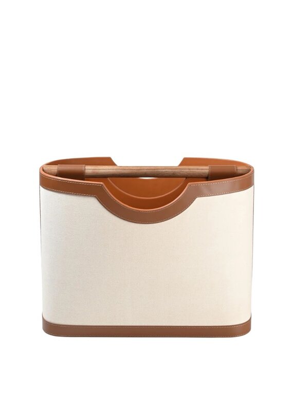 Brown Leather & Ivory Linen Magazine Rack with Wooden Dowel Handle