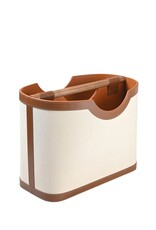 Brown Leather & Ivory Linen Magazine Rack with Wooden Dowel Handle