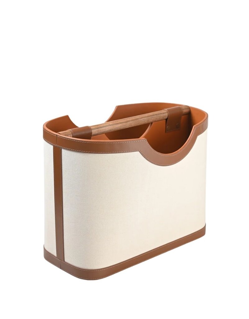 Brown Leather & Ivory Linen Magazine Rack with Wooden Dowel Handle