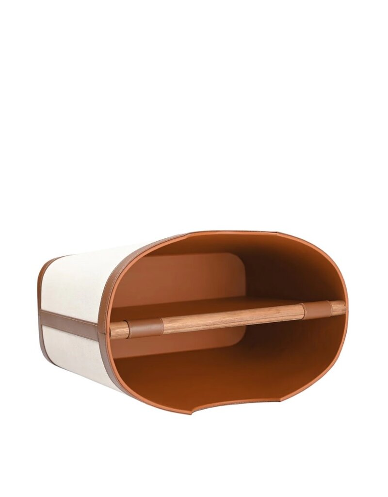 Brown Leather & Ivory Linen Magazine Rack with Wooden Dowel Handle