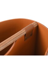 Brown Leather & Ivory Linen Magazine Rack with Wooden Dowel Handle