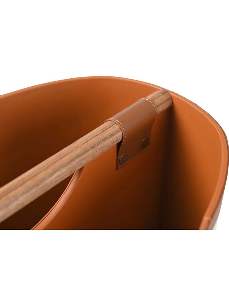 Brown Leather & Ivory Linen Magazine Rack with Wooden Dowel Handle
