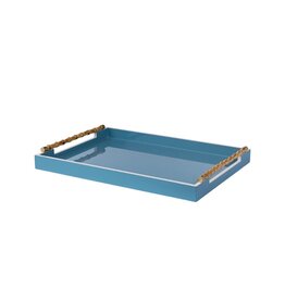 Light Blue Lacquer Tray with White Accents & Natural Bamboo Handles