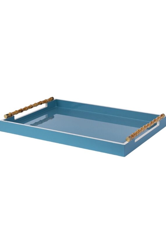 Light Blue Lacquer Tray with White Accents & Natural Bamboo Handles