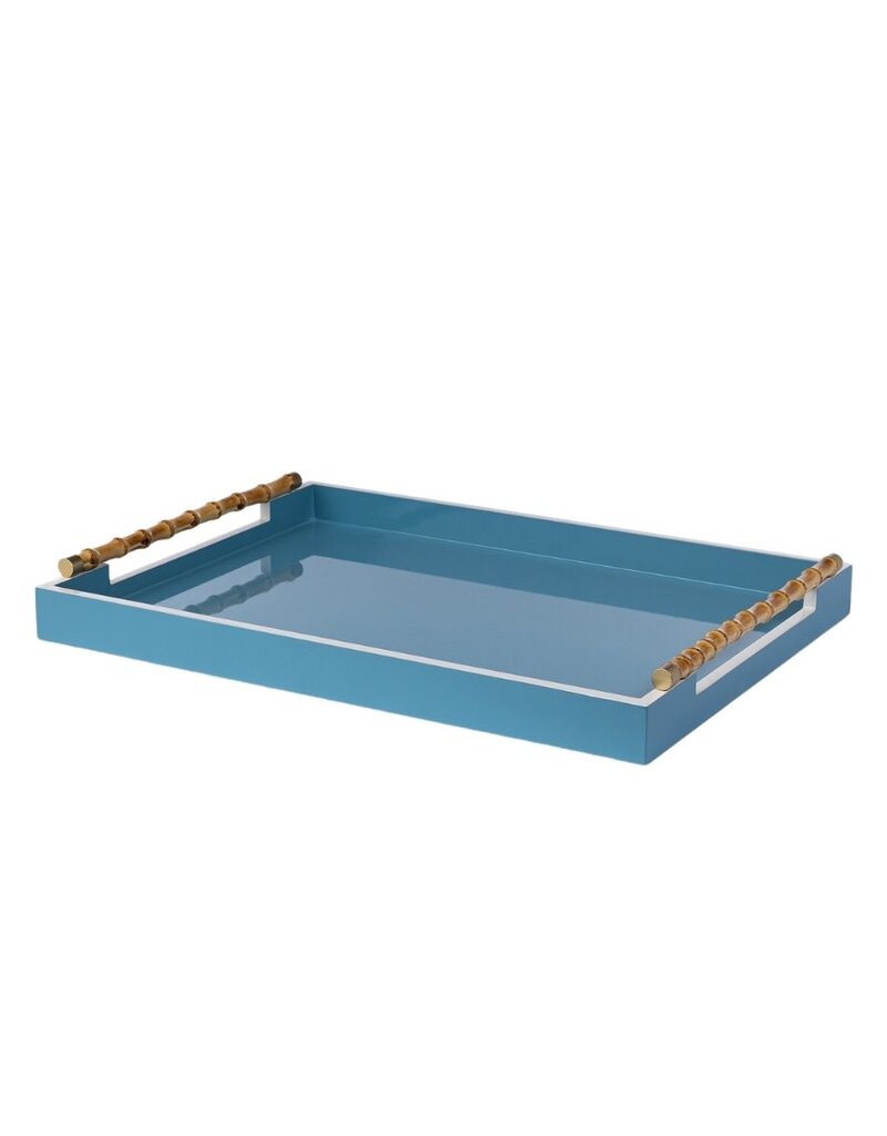 Light Blue Lacquer Tray with White Accents & Natural Bamboo Handles
