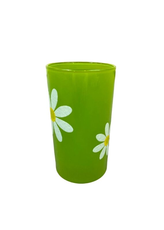 Vintage Set of 8 Green Highball Glasses With Daisies