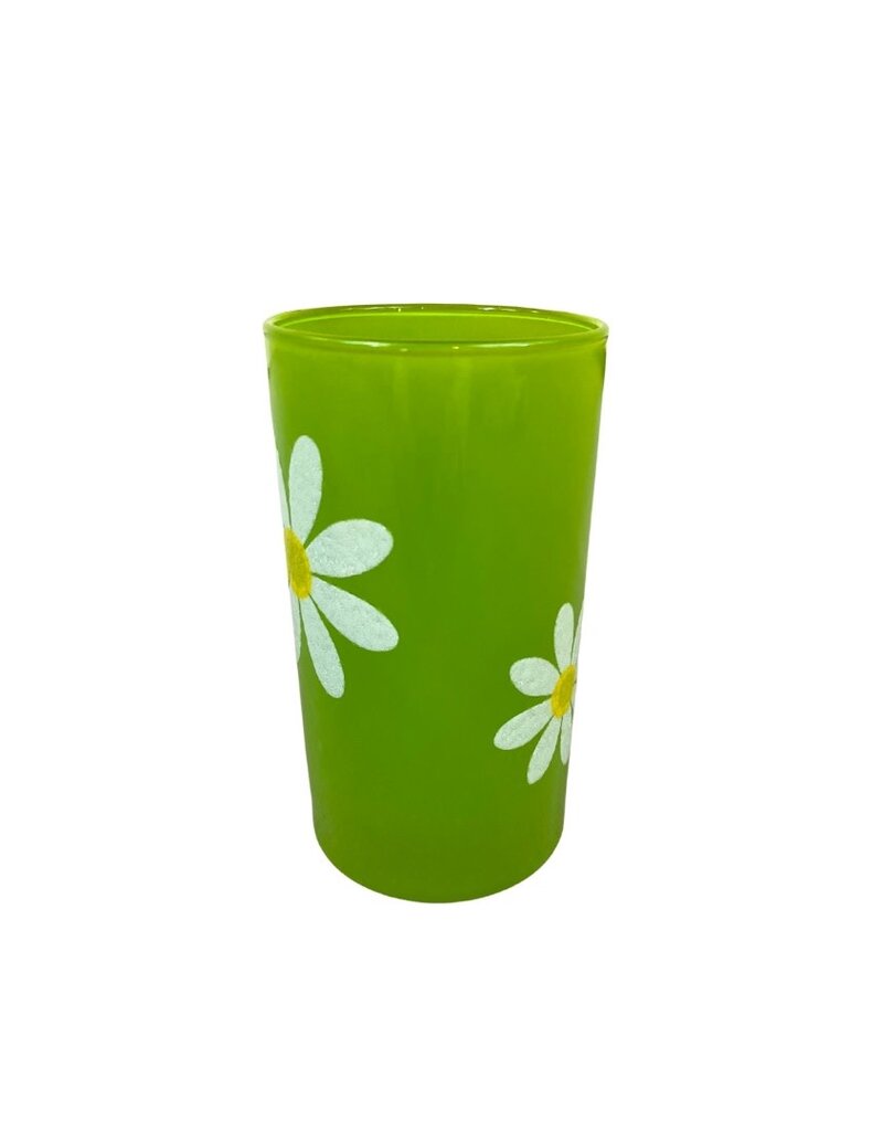 Vintage Set of 8 Green Highball Glasses With Daisies