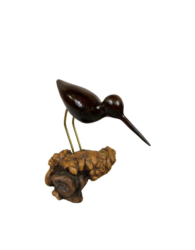 Vintage Dark Brown Wood Sandpiper Bird on Organic Wood