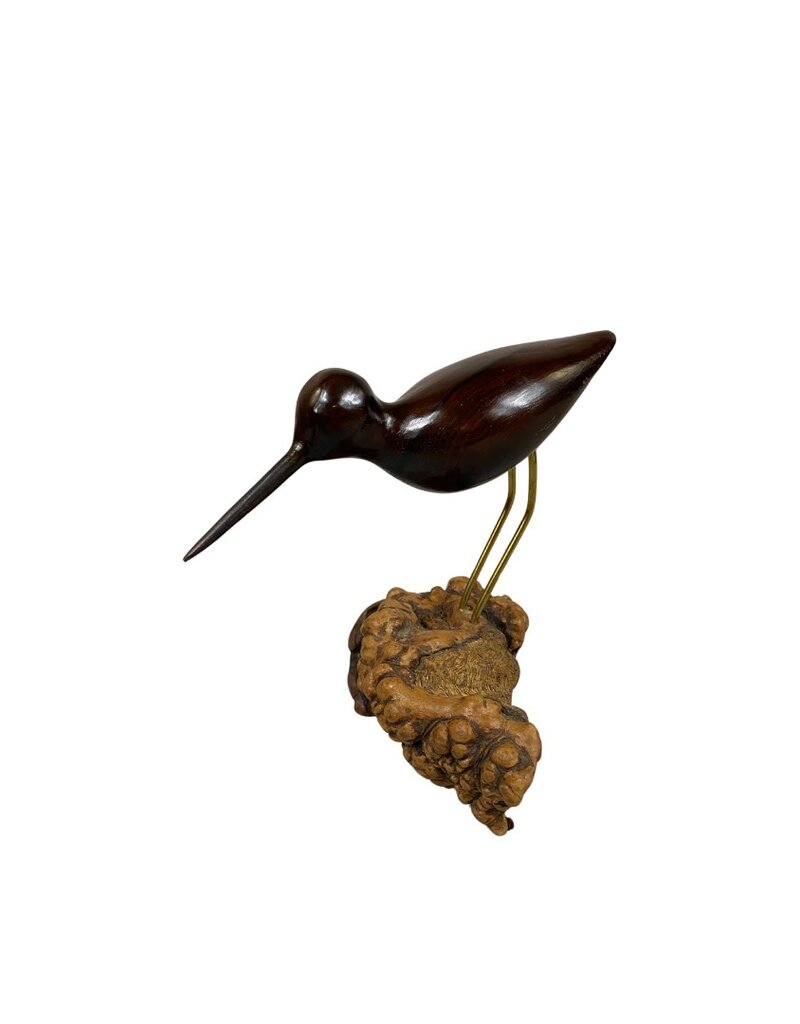 Vintage Dark Brown Wood Sandpiper Bird on Organic Wood