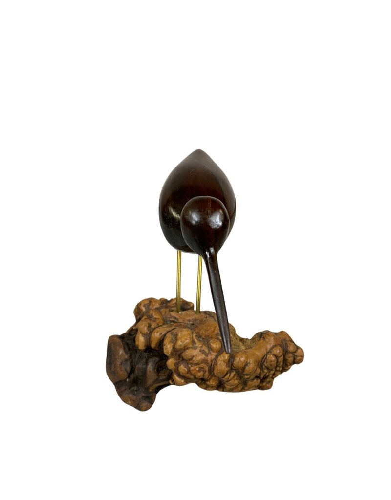 Vintage Dark Brown Wood Sandpiper Bird on Organic Wood