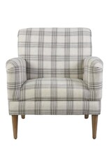 Cream & Grey Plaid Upholstered Arm Chair with Wood Legs
