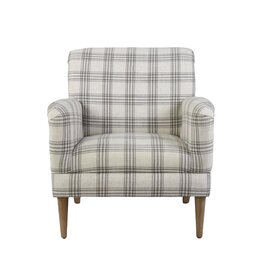 Cream & Grey Plaid Upholstered Arm Chair with Wood Legs