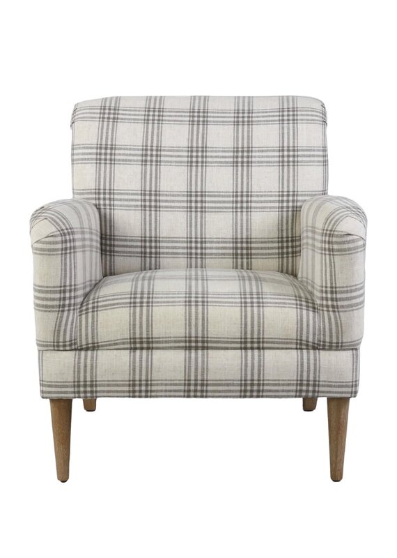 Cream & Grey Plaid Upholstered Arm Chair with Wood Legs