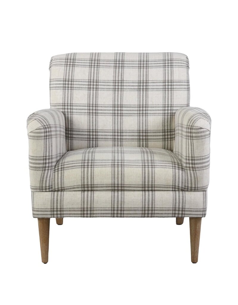 Cream & Grey Plaid Upholstered Arm Chair with Wood Legs