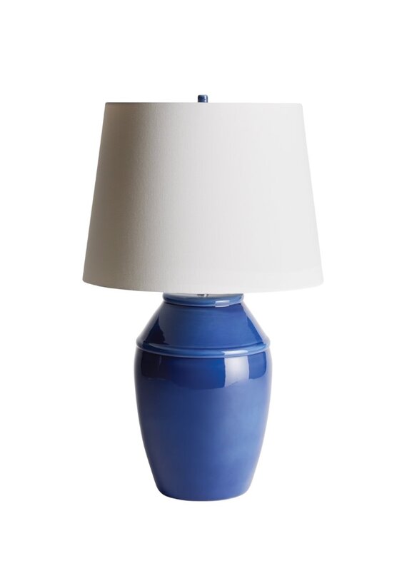 Dark Blue Ceramic Banded Vase Lamp with White Shade