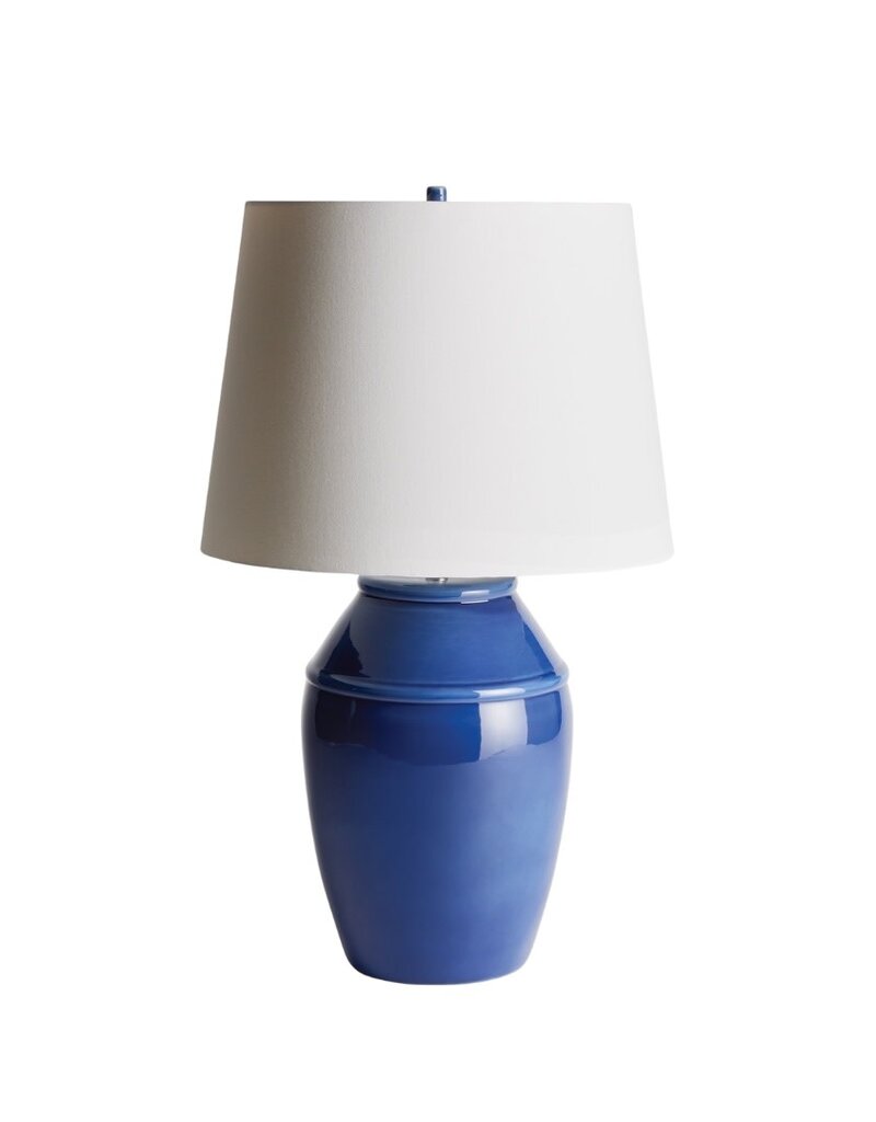 Dark Blue Ceramic Banded Vase Lamp with White Shade