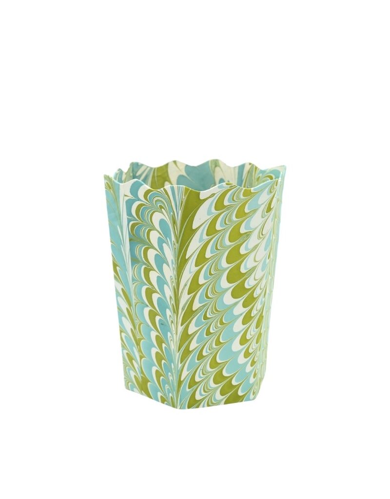 Green, Blue & White Marble Painted Scalloped Paper Trashcan