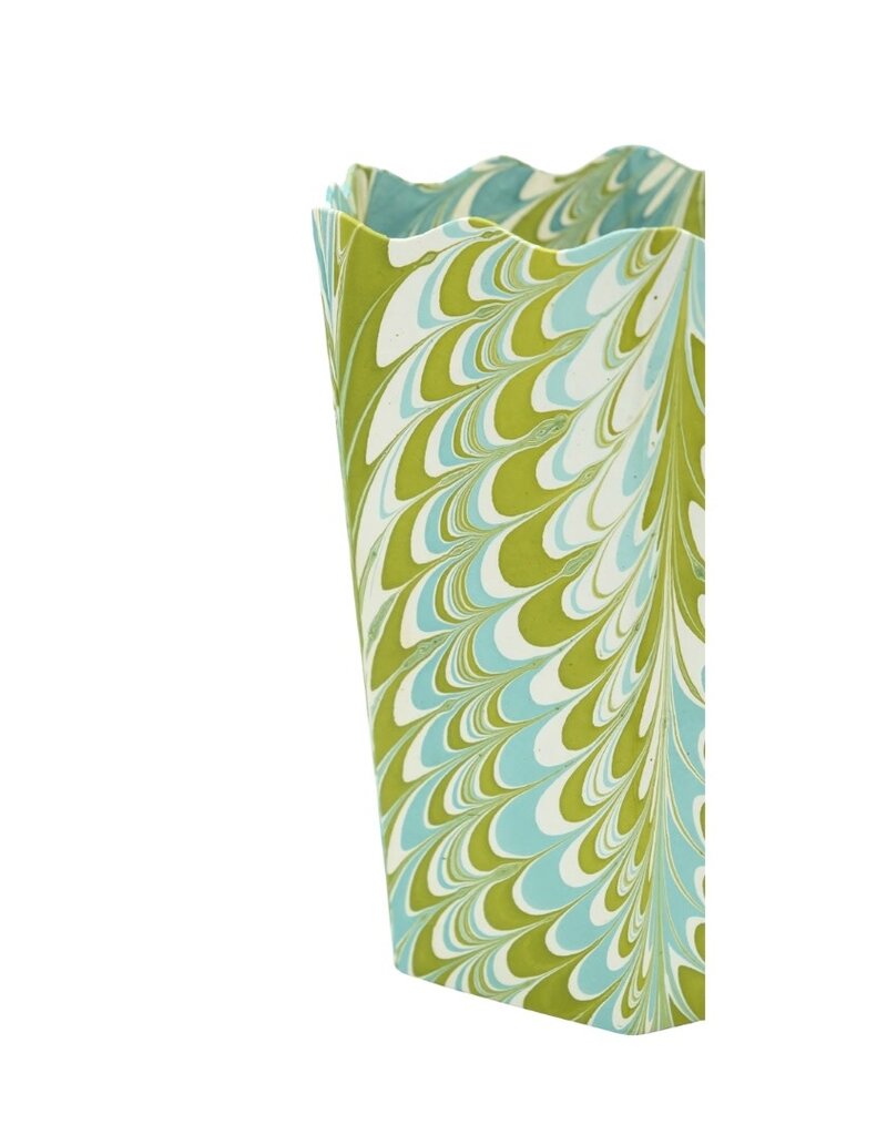Green, Blue & White Marble Painted Scalloped Paper Trashcan