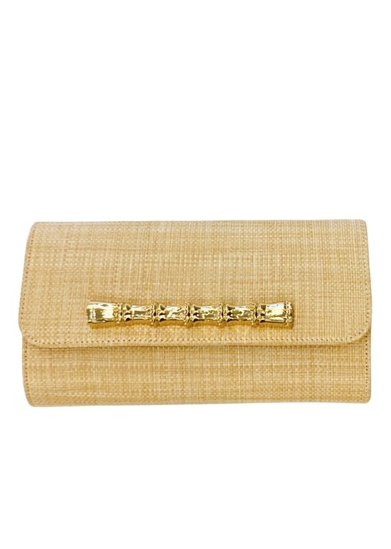 Natural Raffia Long Clutch with Gold Bamboo Toggle