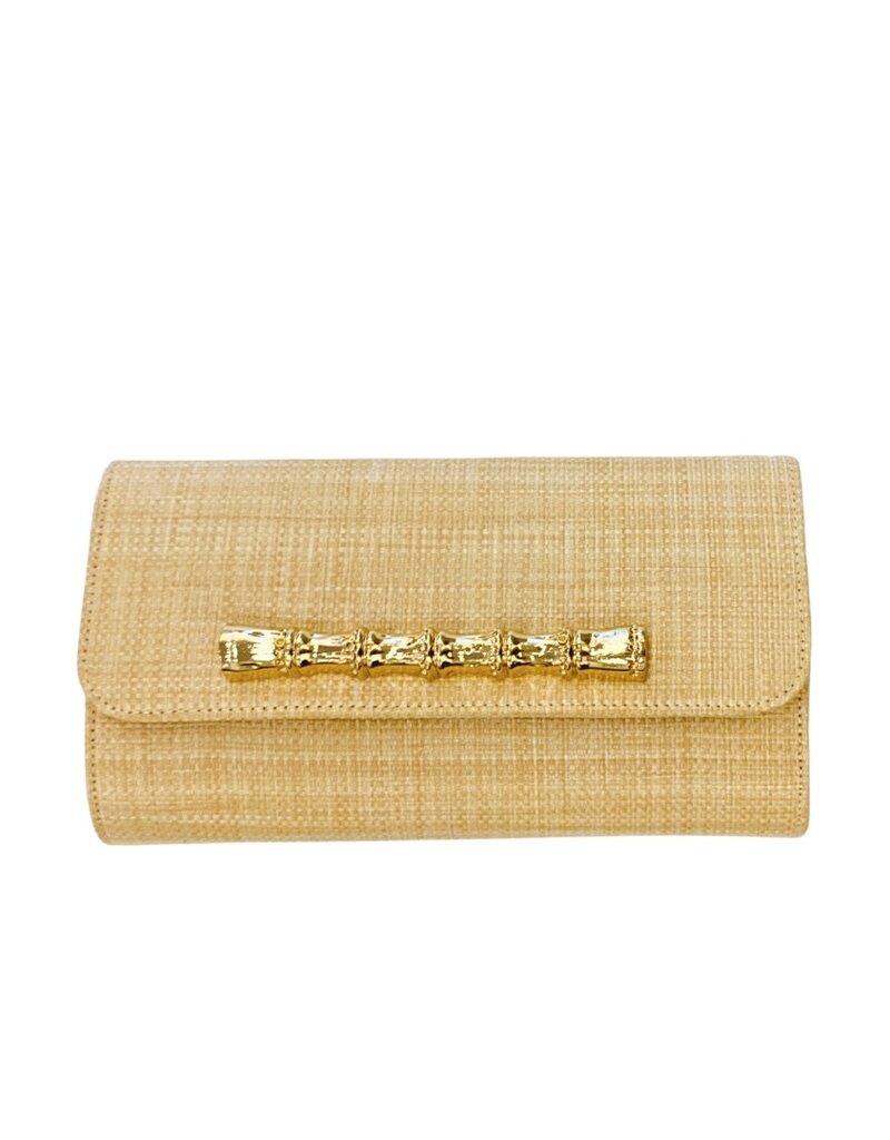 Natural Raffia Long Clutch with Gold Bamboo Toggle