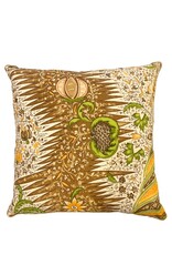 Brown & Cream Abstract Pillow with Green & Yellow Botanicals