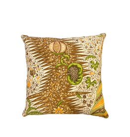 Brown & Cream Abstract Pillow with Green & Yellow Botanicals