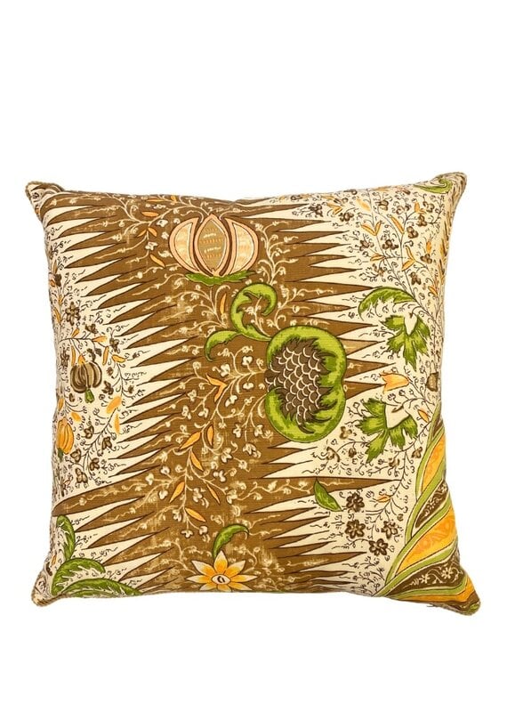 Brown & Cream Abstract Pillow with Green & Yellow Botanicals
