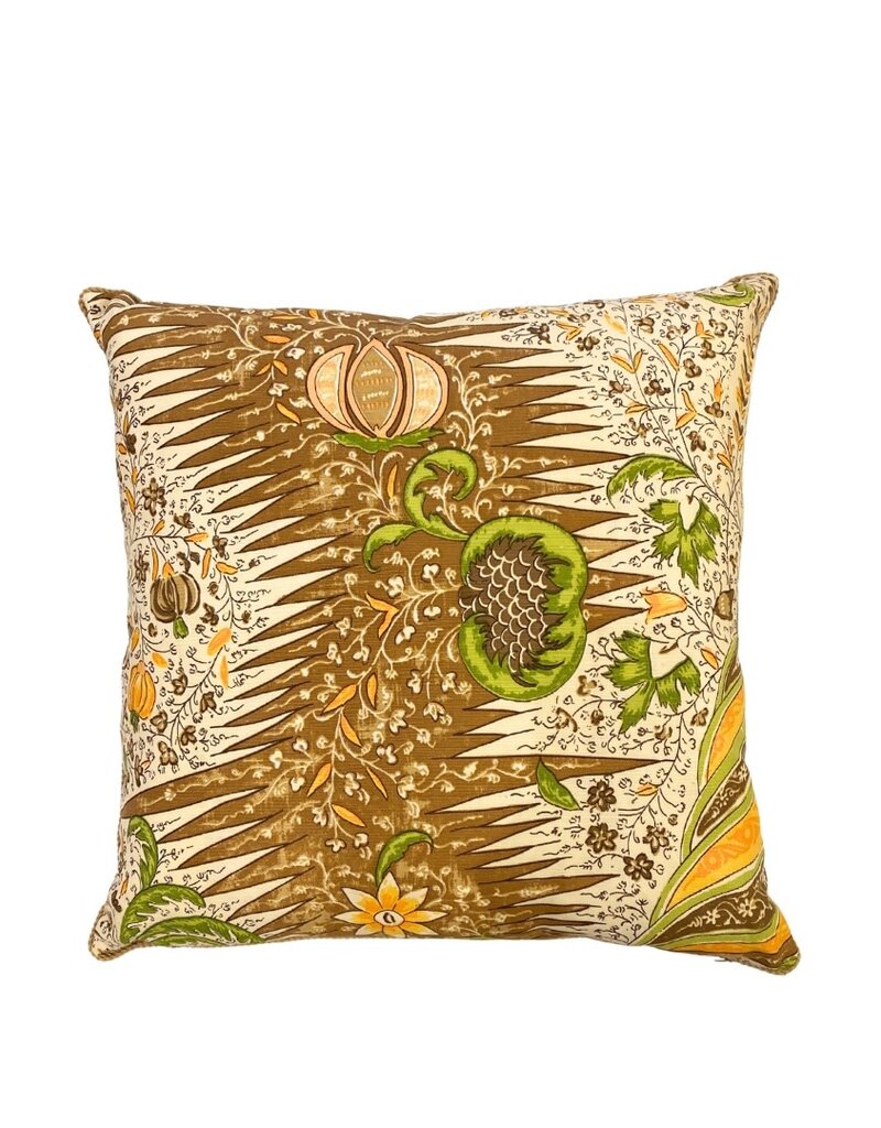 Brown & Cream Abstract Pillow with Green & Yellow Botanicals