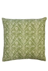 Green & White Floral Vase Diamond Pillow with Ivory Piped Trim