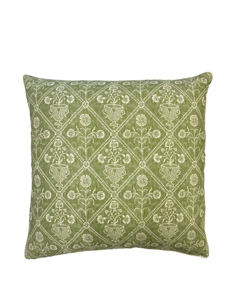 Green & White Floral Vase Diamond Pillow with Ivory Piped Trim