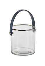 Clear Glass Ice Bucket with Silver Rim & Navy Blue Leather Handle