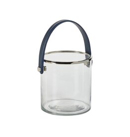 Clear Glass Ice Bucket with Silver Rim & Navy Blue Leather Handle