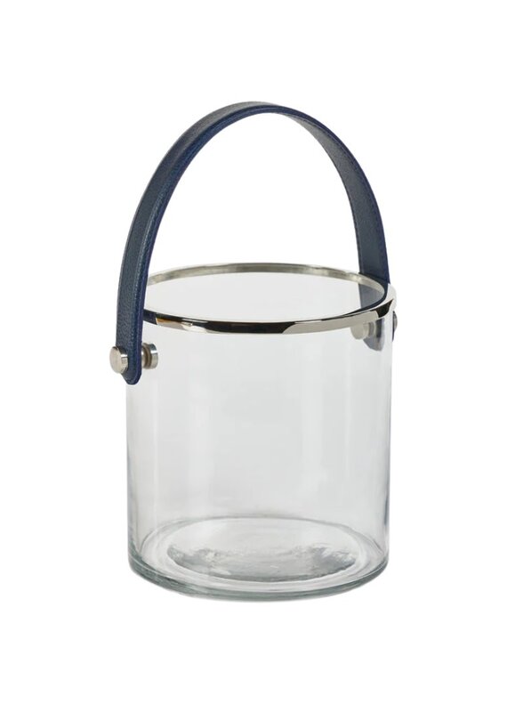 Clear Glass Ice Bucket with Silver Rim & Navy Blue Leather Handle