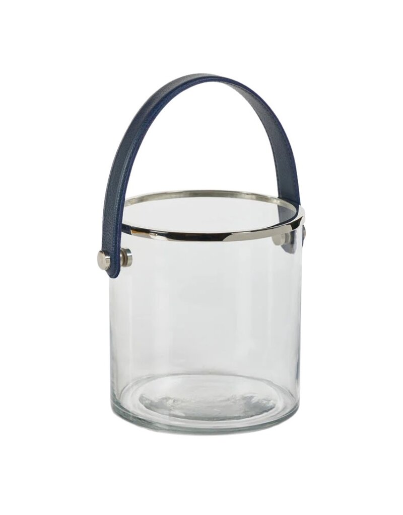 Clear Glass Ice Bucket with Silver Rim & Navy Blue Leather Handle