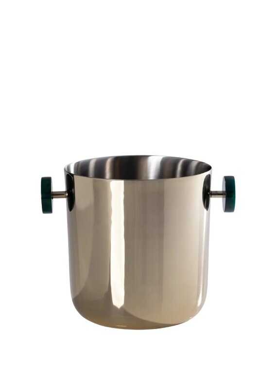 Gold Metal Ice Bucket with Green Marbled Resin Knob Handles