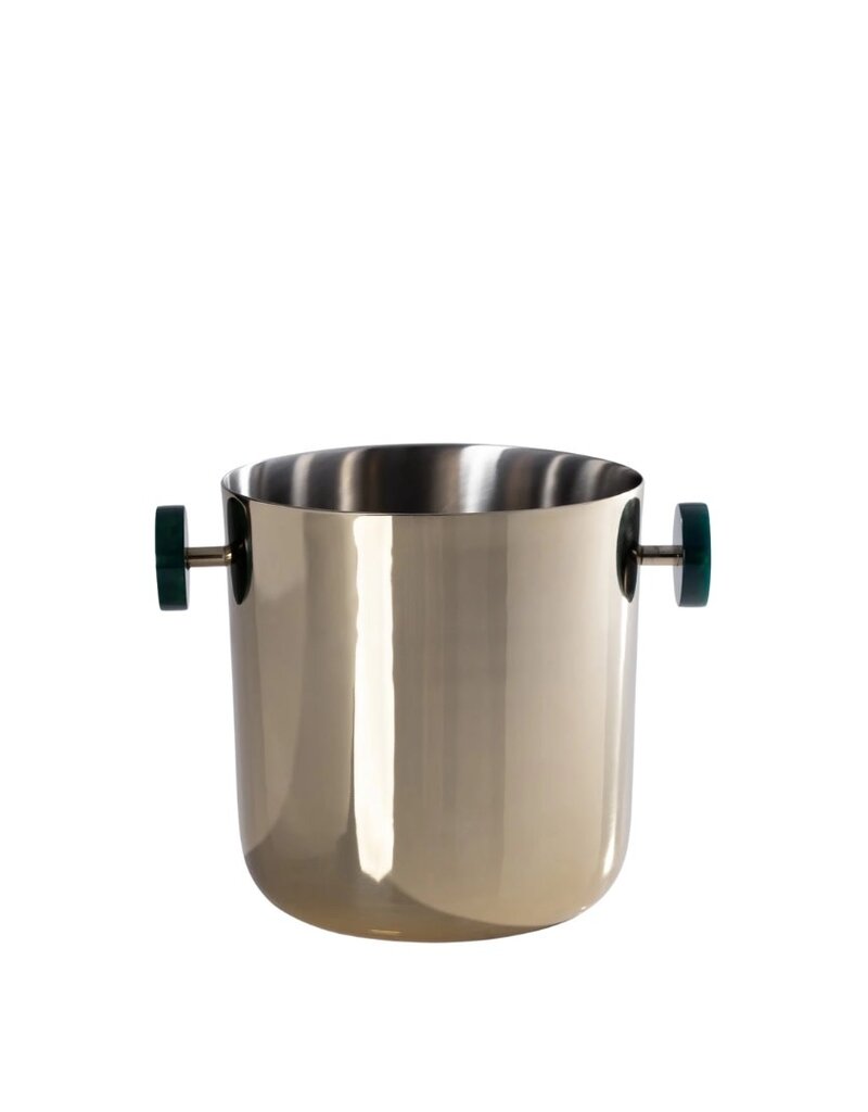Gold Metal Ice Bucket with Green Marbled Resin Knob Handles