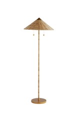 Natural Rattan Wrapped Brass Pole Floor Lamp with Wicker Shade