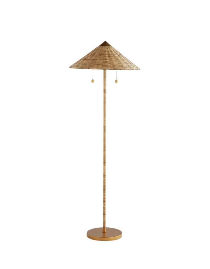 Natural Rattan Wrapped Brass Pole Floor Lamp with Wicker Shade