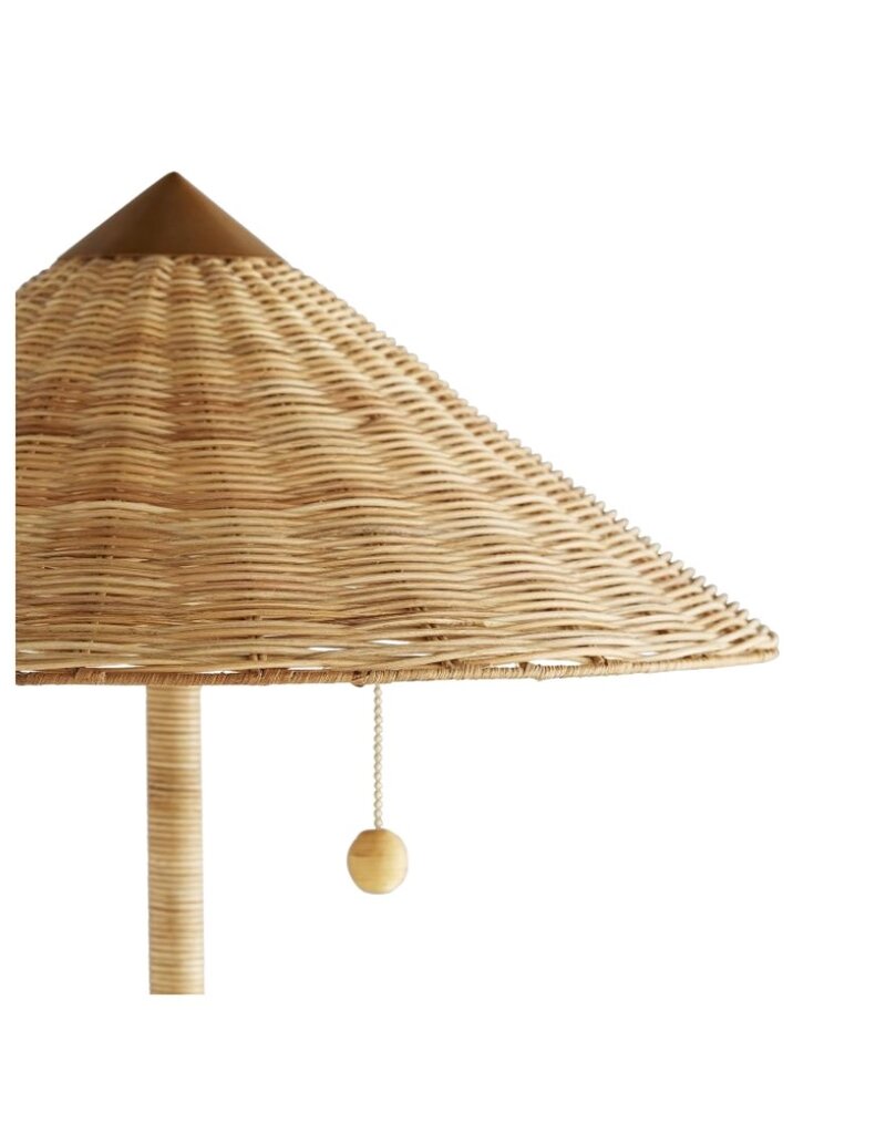 Natural Rattan Wrapped Brass Pole Floor Lamp with Wicker Shade