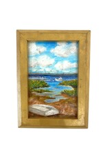 Vintage Framed Blue Sky Coastal Scene with Boats Painting