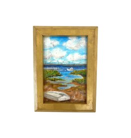 Vintage Framed Blue Sky Coastal Scene with Boats Painting